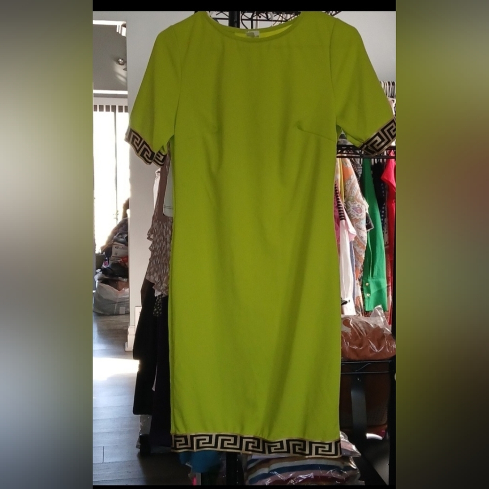 Chic Lime Green Midi Dress with Greek Key Detail